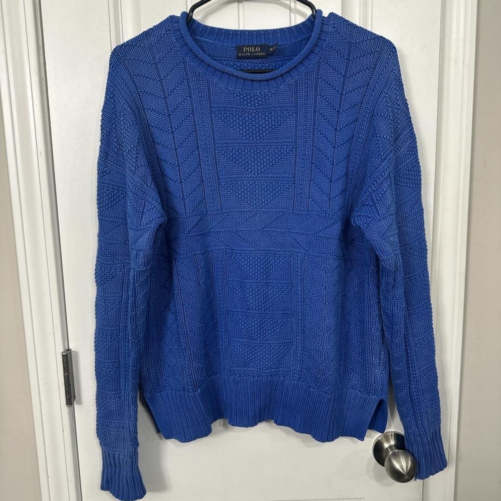 Eclectic Grandpa blue pull over crewneck textured knit sweater Polo Ralph L.
